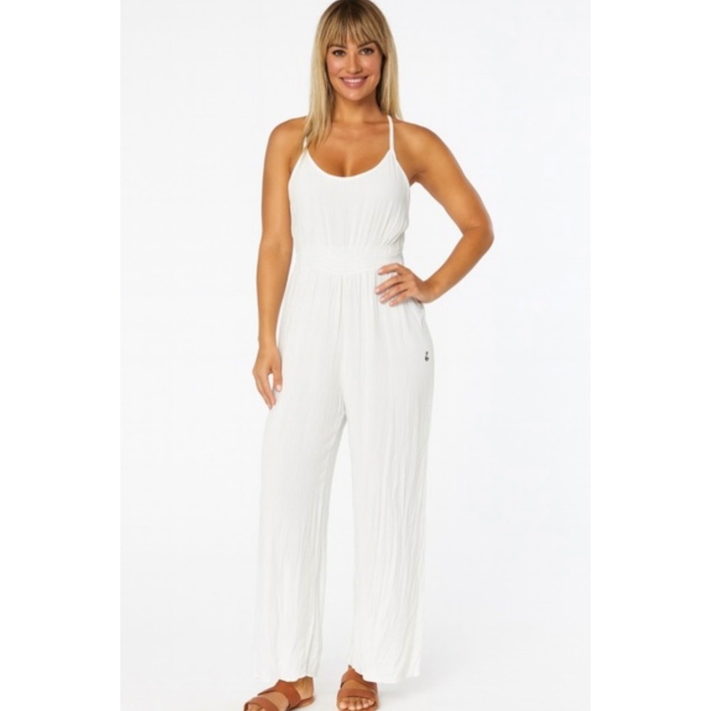 NEW Prana Fernie Wide Leg Jumpsuit Large White One Piece Smocked BOHO Beachy NWT